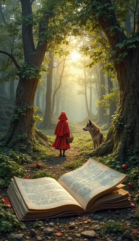 forest, wolf, red riding hood with a basket, structural volumetric landscape body art on the sheet of an opened book, text, gentle glow from within, lying on the table. vibrant colors, Masterpiece, Need, Anatomically Correct, Award Winning, Very Detailed, ...