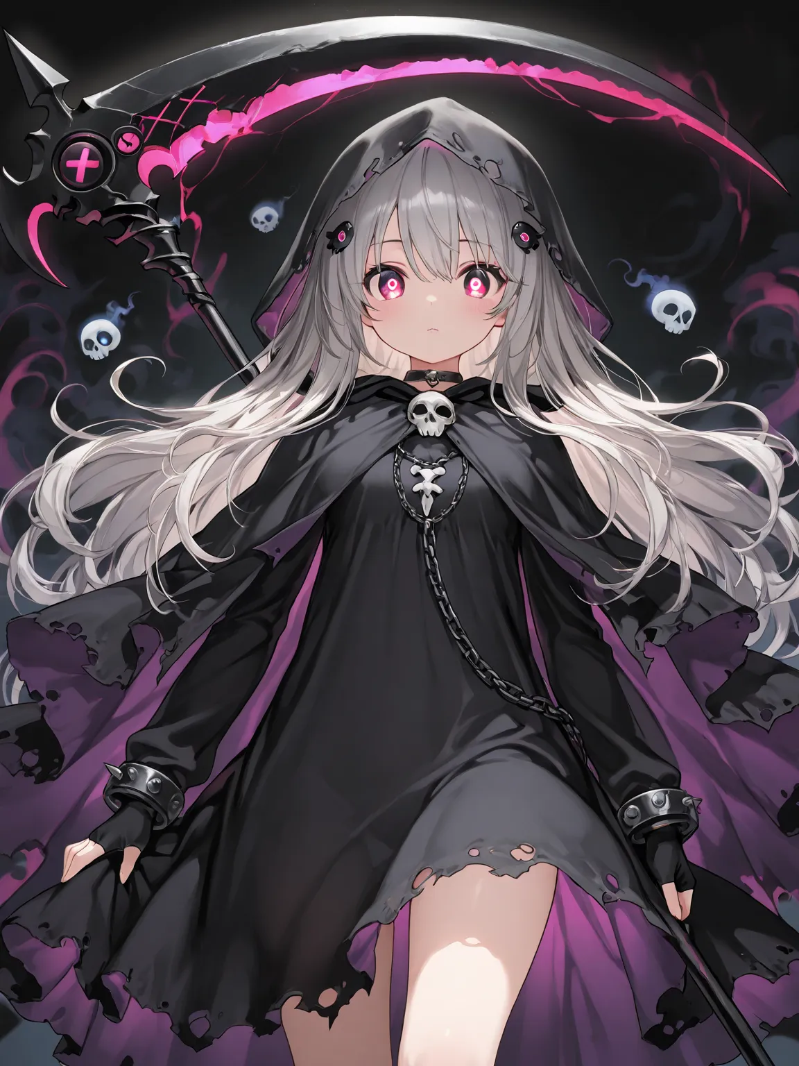 (masterpiece ,best quality, exquisite, ultra-detailed character), 1girl, [Blend of cute and spooky, with soft and round features for the girl and subtle gothic elements to keep the Reaper theme intact. The character should look approachable yet have an aur...