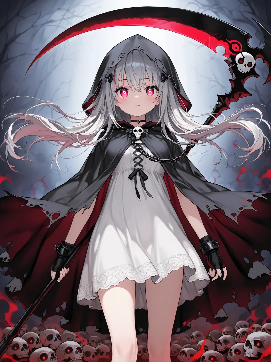 (masterpiece ,best quality, exquisite, ultra-detailed character), 1girl, [Blend of cute and spooky, with soft and round features for the girl and subtle gothic elements to keep the Reaper theme intact. The character should look approachable yet have an aur...