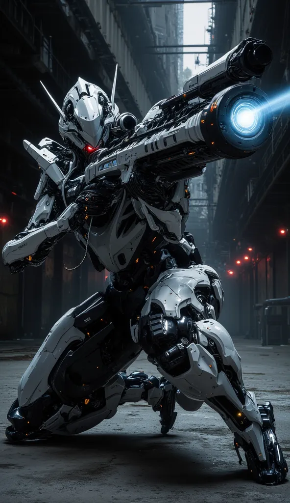 "A sleek, stealth-oriented futuristic mecha robot crouching in the shadows of an abandoned industrial complex. Its white and black armor is designed for speed and precision, with orange-lit stealth indicators. It holds a silenced futuristic sniper rifle wi...