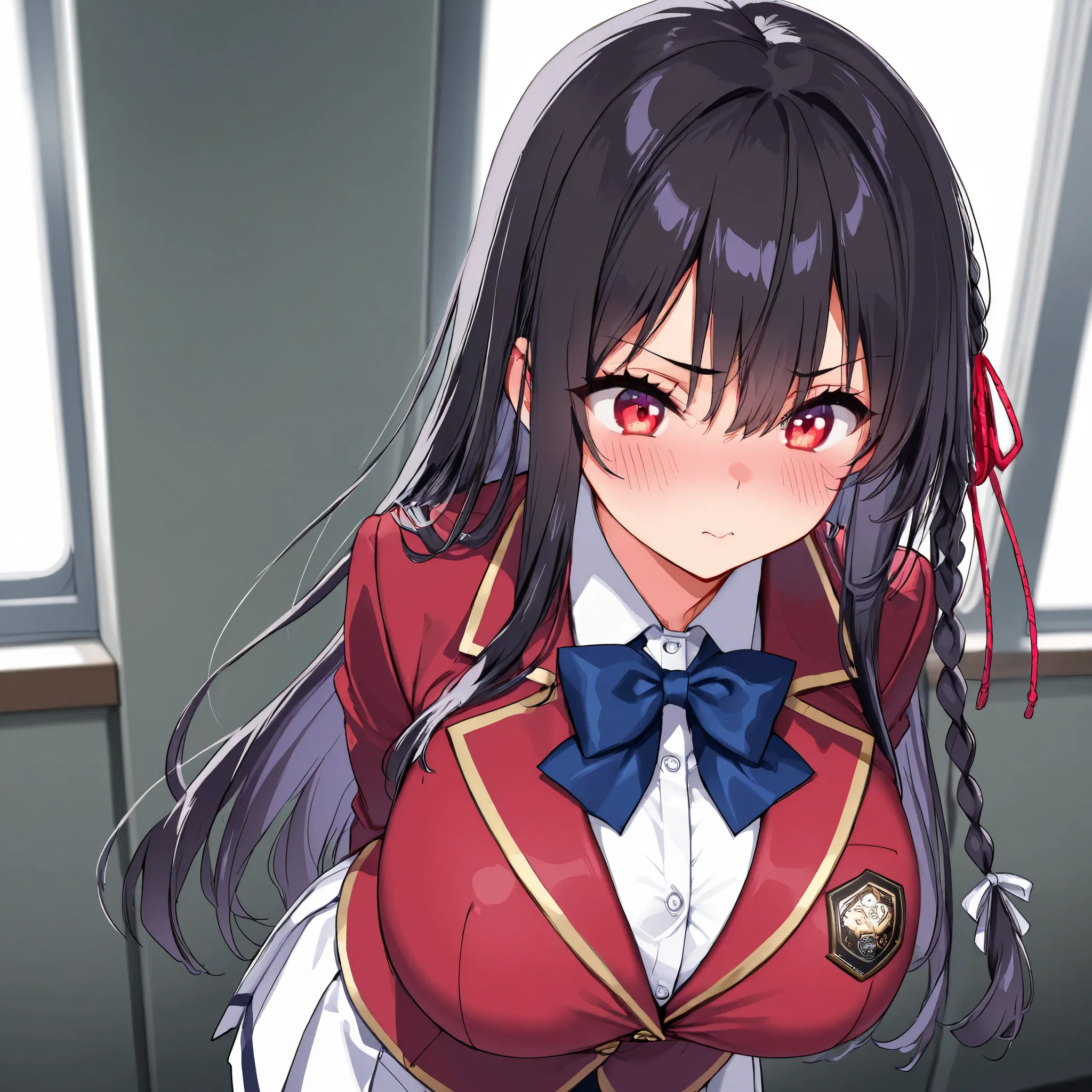 
bow, school uniform, jacket, bowtie, blue bowtie, blazer, red blazer, skirt, white skirt, arms behind back:1.4), breast, (huge breast:1.0), (blush), 8k masterpiece, (1girl, solo),,
suzune horikita, long hair, black hair, red eyes, hair ribbon, braid

