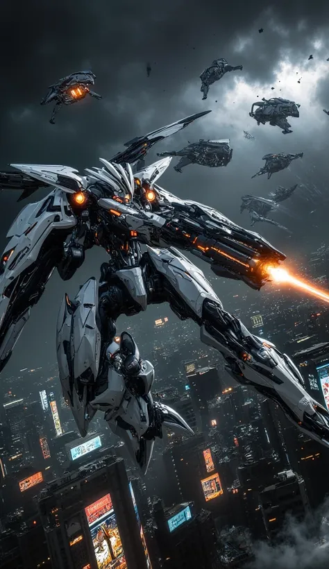 "A highly detailed futuristic mecha robot soaring through the skies above a dystopian cityscape. The mecha’s white and black armor is enhanced with orange-lit thrusters on its back and legs. It wields a futuristic energy rifle, aiming at enemy drones in mi...