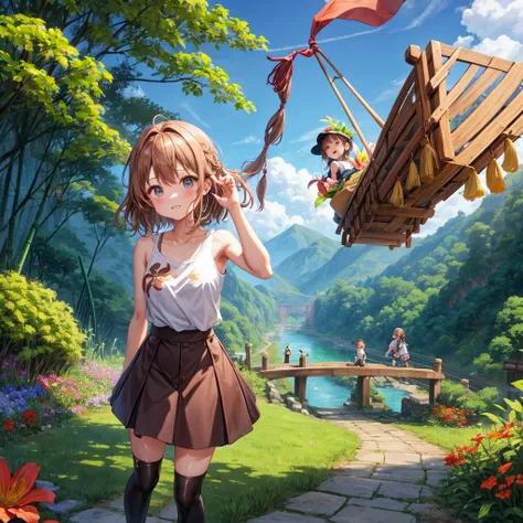 pink brown brown gold hair、 eye、  Has hair tied  、Two cute people、 Check Mini Skirt、  black t-shirt、 Light clothing、 tank top、 camisole、high socks、 Boots、 teeth inside、  The Road Is Crooked 、Mountain々、Stick together  、 bamboo forest、 chest pocket  、rock sa...