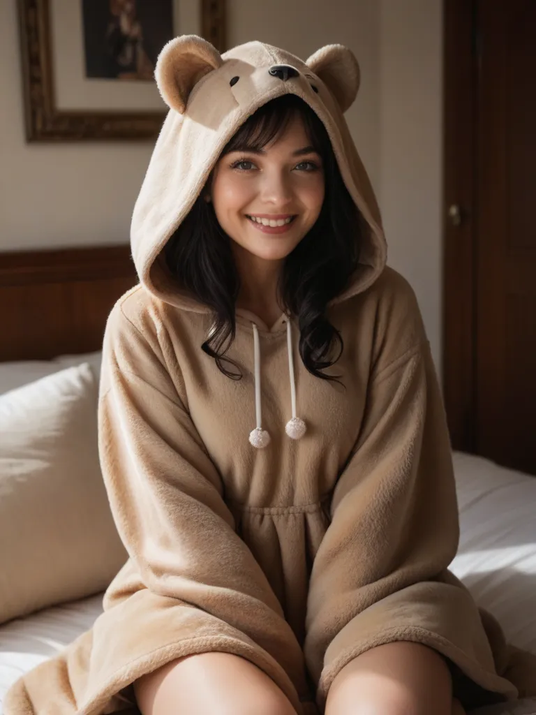 young woman 18 years old, beautiful, (masterpiece), best quality, (highly detailed face), highly detailed eyes, perfect lighting, OverallDetail, detailed, deep skin, rough skin,
,bear costume,black bear costume, long sleeves, hood up, mauve, long black hai...