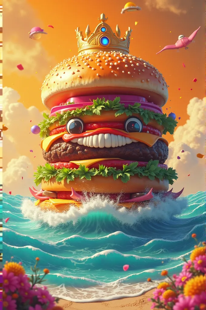 Create a very colorful hamburger, an icon colors sea orange before with a crown with a happy expression