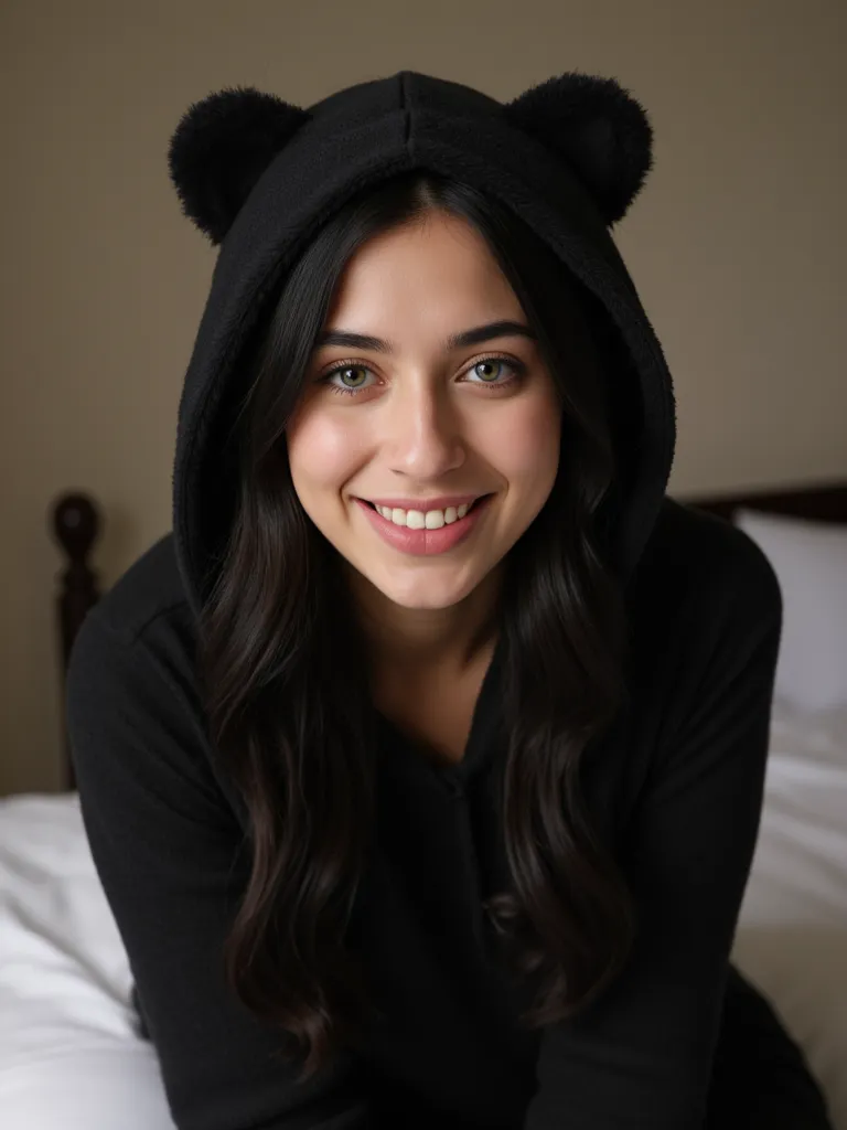 young woman 18 years old, beautiful, (masterpiece), best quality, (highly detailed face), highly detailed eyes, perfect lighting, OverallDetail, detailed, deep skin, rough skin,
,bear costume,black bear costume, long sleeves, hood up, mauve, long black hai...