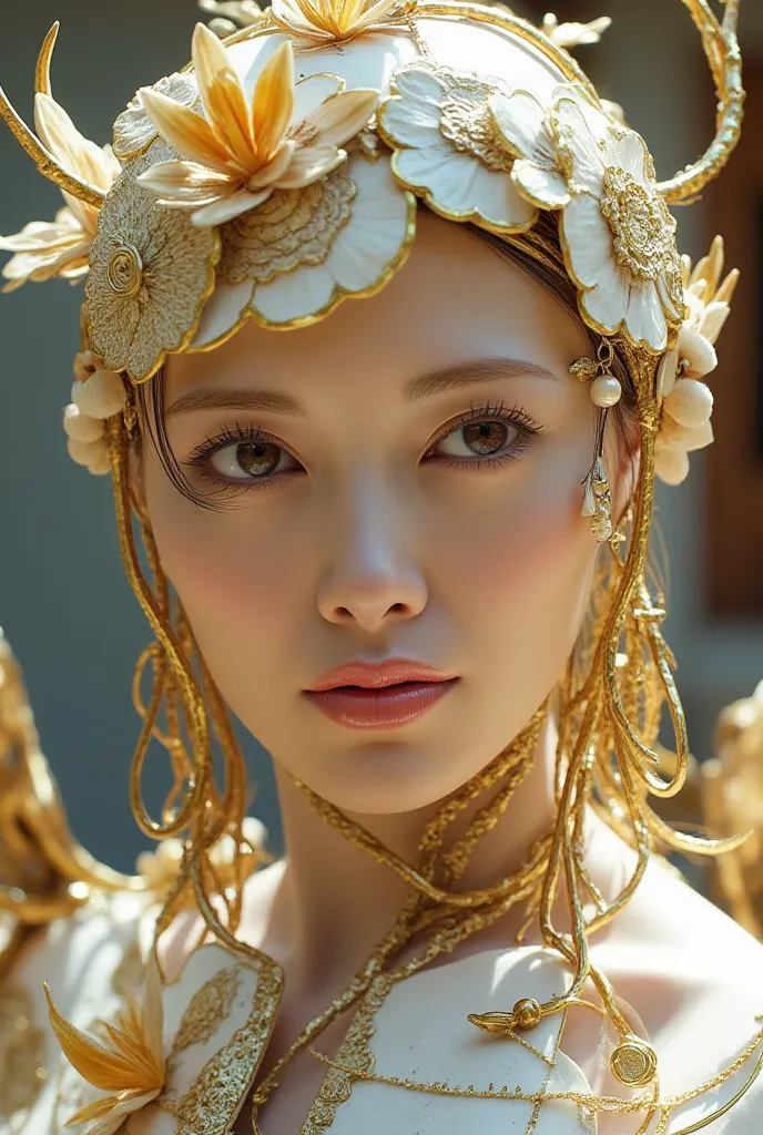 (Surface Focus, Clear facial features), Intricate 3D rendering of a beautiful and attractive biomechanical female porcelain figure, (((With porcelain finish))), simulation, Beautiful natural light, Rim Light, 150mm lens, an Aztec warrior, feature, earlobe ...