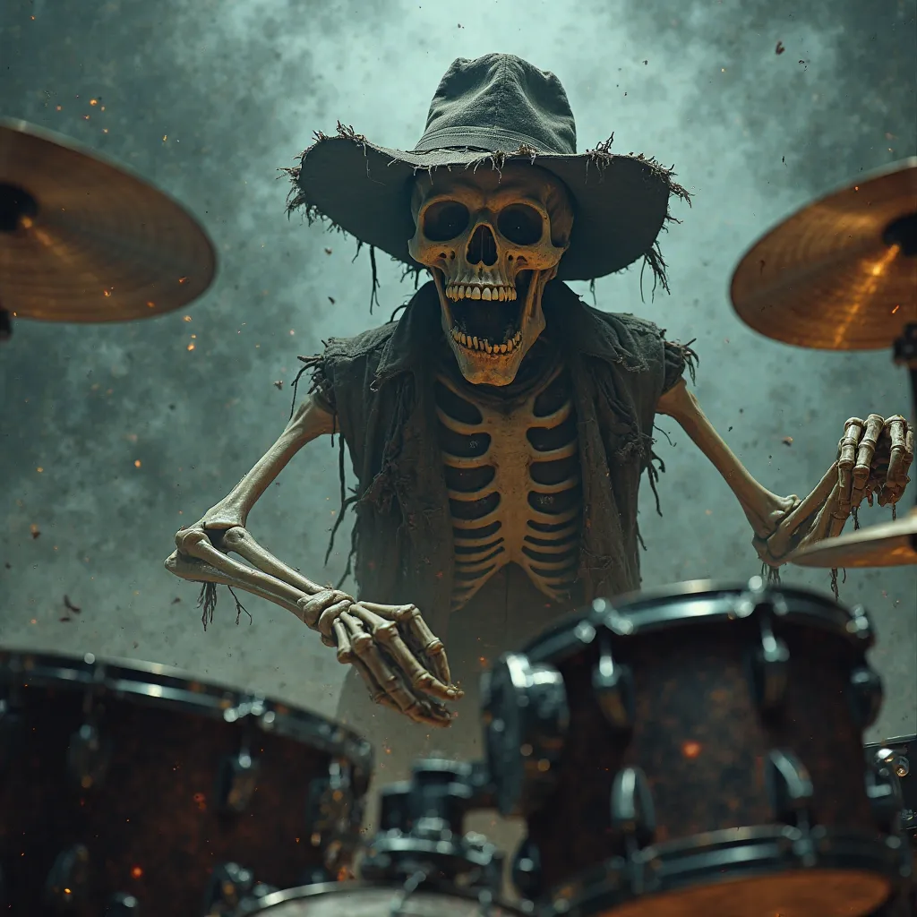 Terrible skeleton in hat playing rock music playing drums