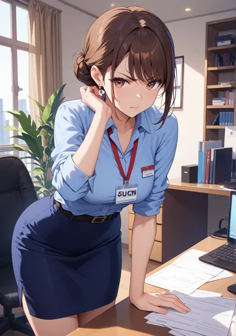 1 girl,office lady,skirt,low bun,brown hair,brown eye,short hair,swept bangs,hanging name tag