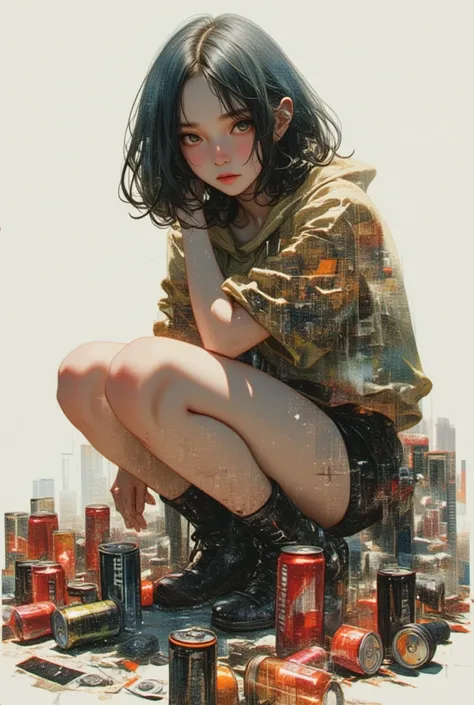 (masterpiece, best quality),(multiple exposure: 1.1),
print collage depicting,Solo,girl,17yo,drinking energy drink,downer,jitome, Squatting, she is surrounded by many energy drink cans, (visible panties),