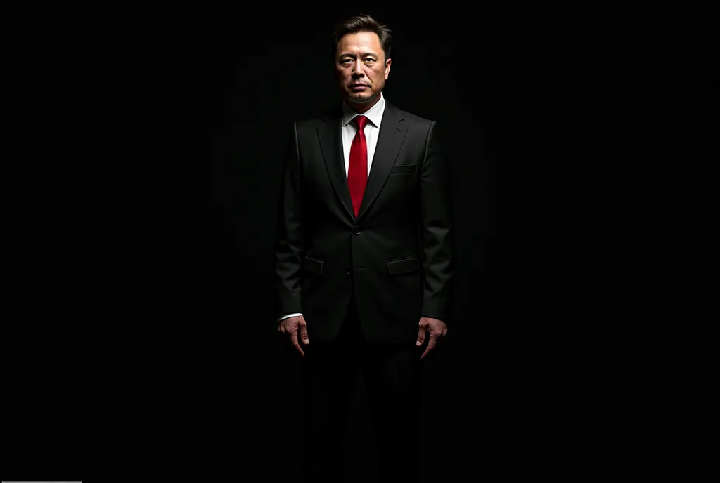 replace the face with elon musk weraing the same black suit with white shirt and red tie along with same lighting and in same pose as in reference image