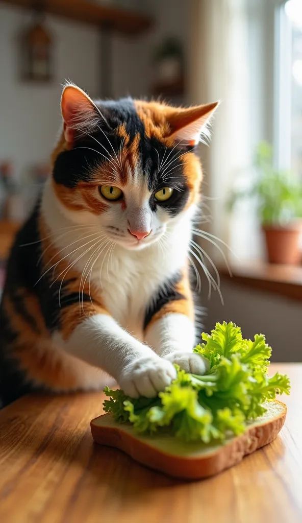 Realistic image of a calico cat (Three-haired cat) with orange, black, and white fur, carefully placing a fresh green lettuce leaf on a slice of bread using its front paws. The cat is sitting on a wooden table in a cozy kitchen, with natural sunlight strea...