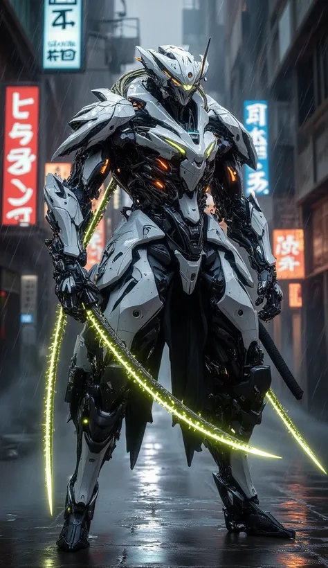 "A futuristic cybernetic samurai mecha standing in a misty neon-lit alley. The mecha has an elegant yet deadly design, with white and black armor accented with glowing orange and green details. It holds a massive high-tech katana with a glowing energy blad...