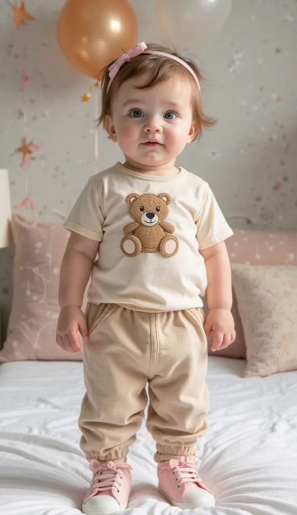 A beautiful baby is standing on a bed , wearing a beige blouse with a teddy bear embroidered on the chest and beige pants with folded bars. Her little feet are covered in light pink sneakers. She has cute cheeks,   fair skin ,   attentive eyes and slightly...