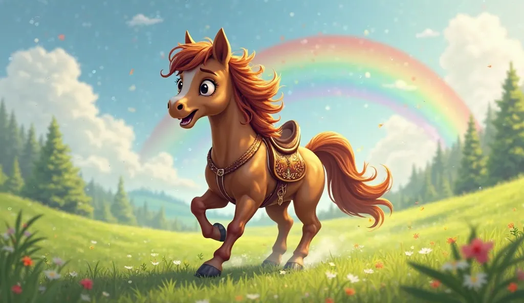 A playful brown pony with a flowing mane and a shiny saddle gallops through a green meadow, with a bright rainbow in the sky."