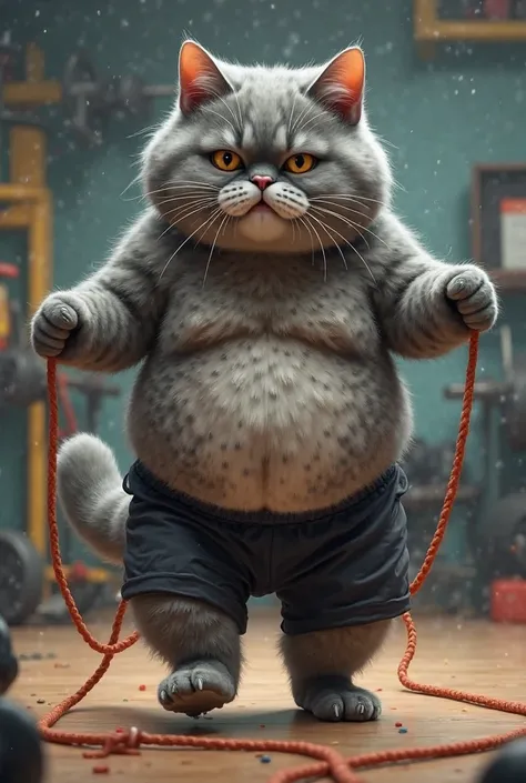 There is a fat gray cat looking like a fat man wear black shorts in a gym playing rope skipping and he is sweating 