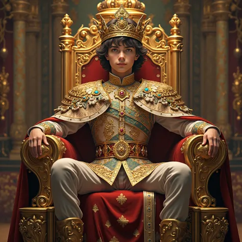 the young king sitting on the throne. in a golden battle dress. golden throne