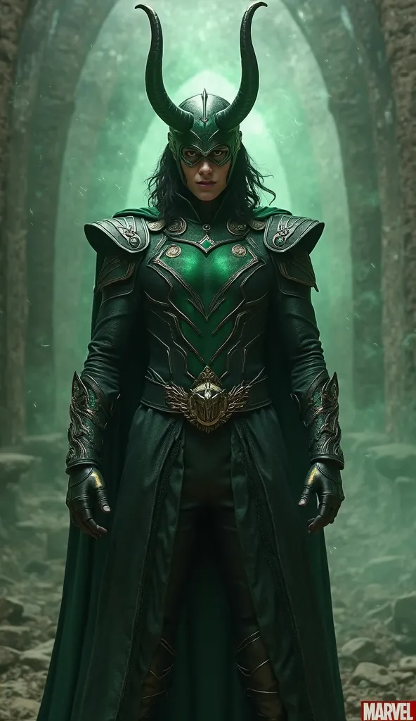 Marvel's Loki with his dark costume and helmet similar to the clothes of a Warlock holding a wand walking toward the camera 