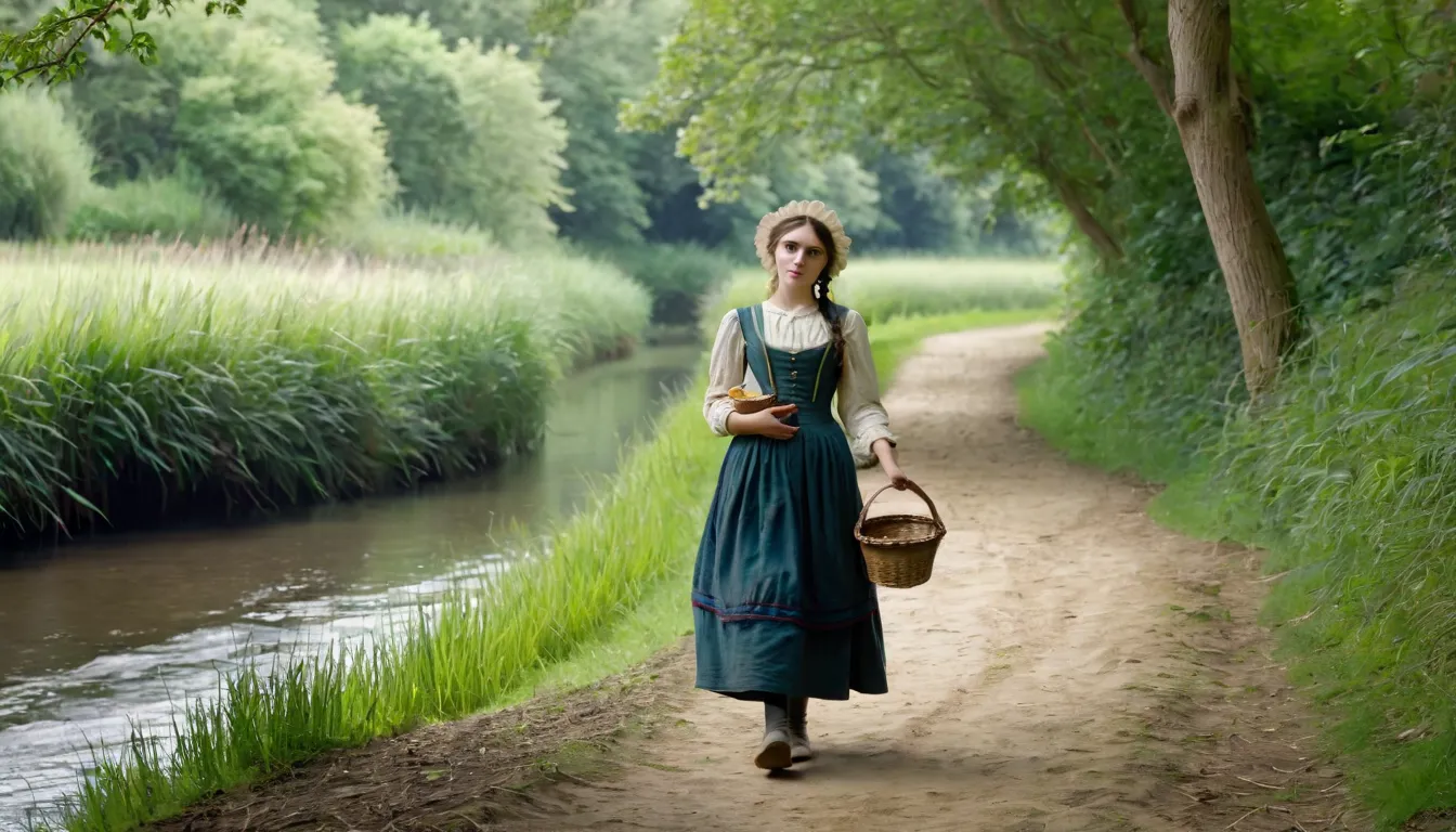 A beautiful young Victorian peasant girl, full-length, front view, carrying a small basket in her right hand, walking along a path on the bank of a river in the middle of the forest.