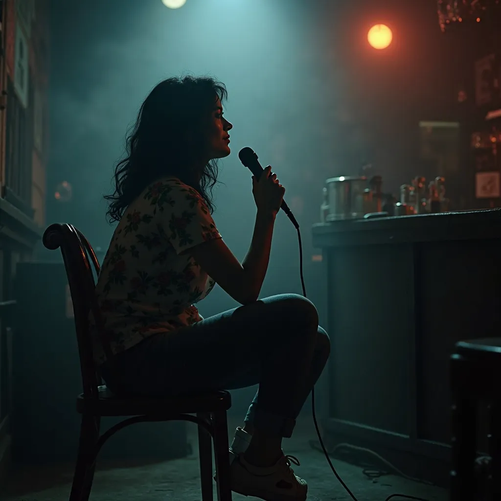 close-up of a middle-aged woman in profile, sitting informally on an old chair in a bar, low lighting, among the dense fog you can see her silhouette holding a microphone near her mouth, you can see that she is beautiful, with long wavy black hair, casual ...