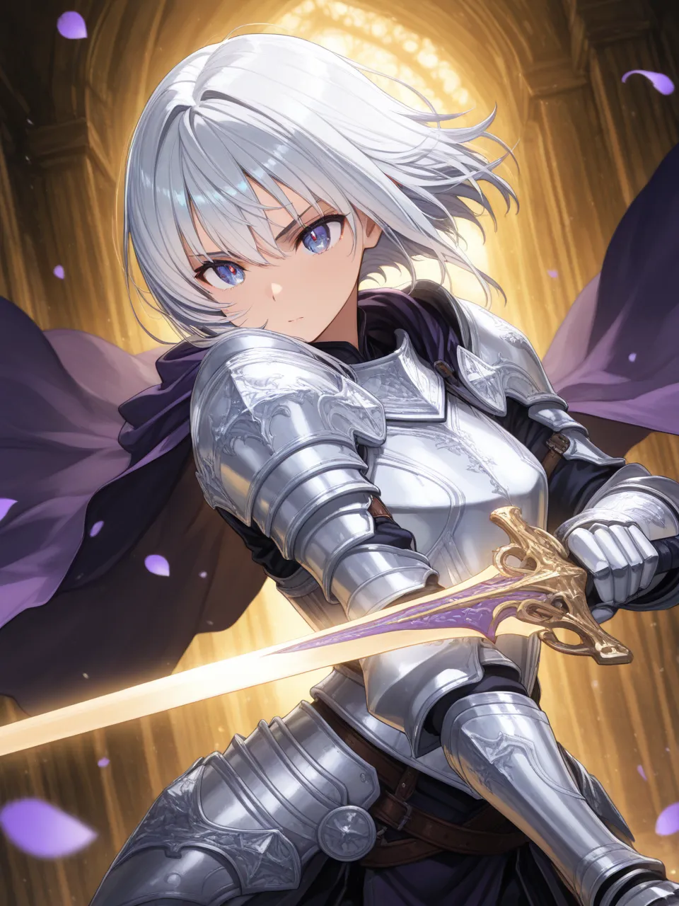 masterpiece,best quality, amazing quality, very aesthetic,newest, 1girl, long silver hair, violet eyes, detailed armor, cape, holding sword, dynamic pose, floating petals, golden light, masterpiece, highly detailed, cinematic lighting, ultra-detailed, fant...