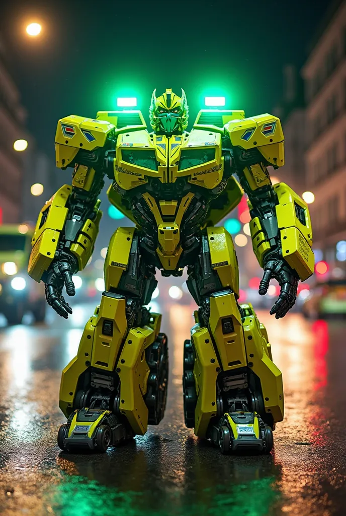 The England - Transformer ambulance shows a British ambulance, which transforms into a transformer. The vehicle is kept in bright neon yellow and green, typical of the distinctive color scheme from rescue vehicles in Great Britain. The ambulance has eye-ca...