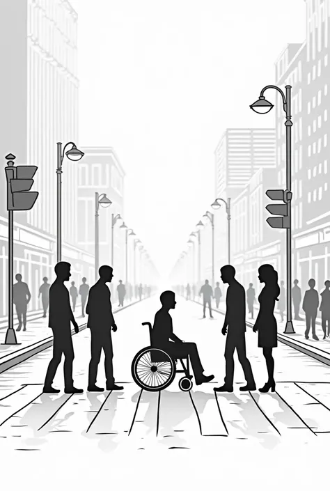 a drawing to color in black and white with easy lines of a group of people blocking the way of a person in a wheelchair in a city On the sidewalk