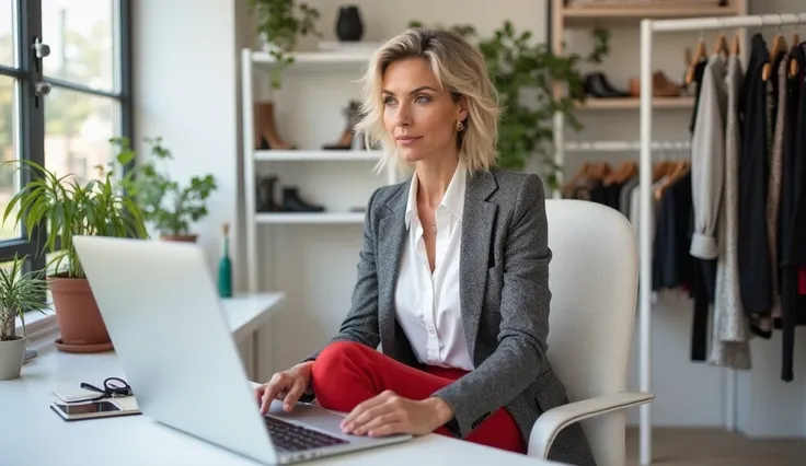 a woman over 35 in a fashion office, she is sitting in an office chair at a beautiful white table with in front of the computer working on fashion content, image of a fashion editor, She wears an elegant white shirt, red pants and gray blazer 