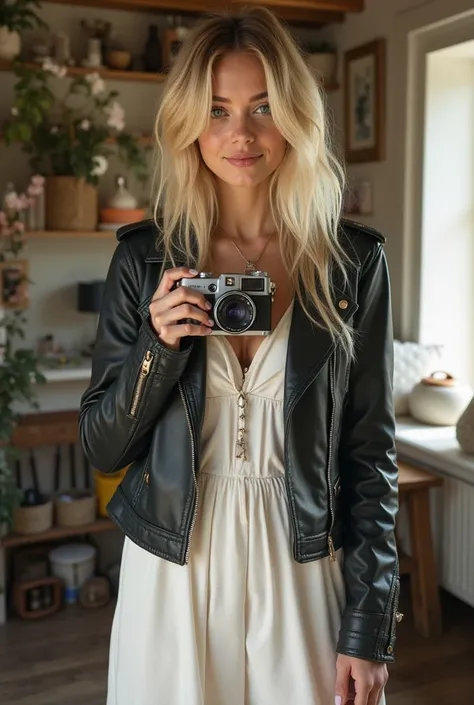  Blonde , with green eyes, white leather and decorated with beautiful freckles, athletic figure, slim , and perfect, with average height, with a small smile while taking photos with a vintage camera, casual long white dress, leather jacket and boots,  Home...