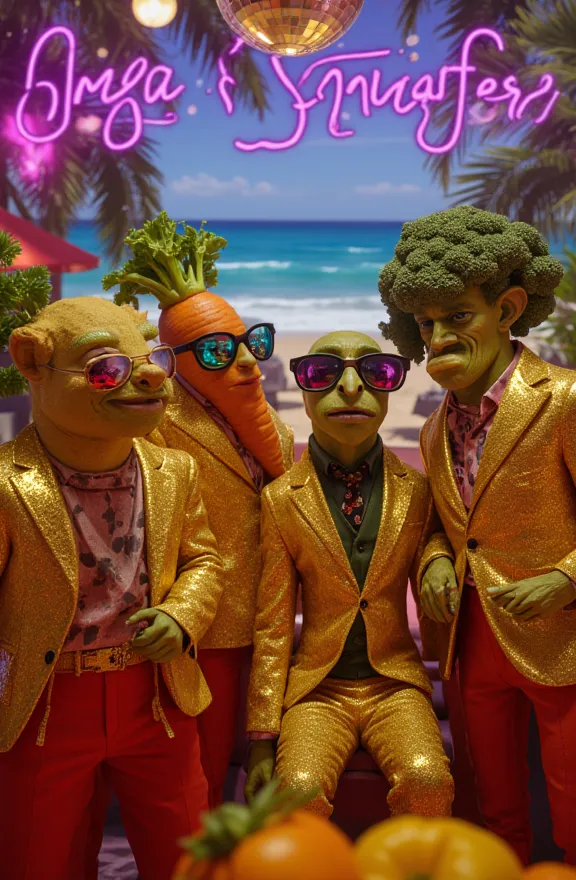 Various Vegetables  characters wearing sunglasses in a nightclub all wearing gold jackets On the beach