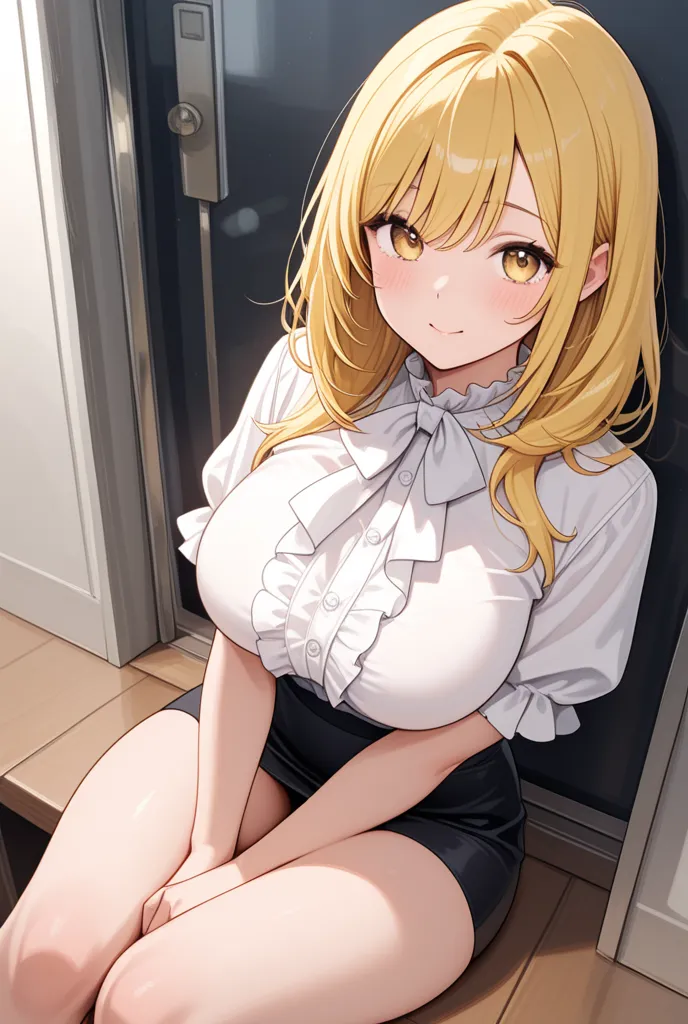 ((masterpiece))、Adult woman with yellow hair、 frill shirt 、miniskirt、 open both legs、stretch legs、V arms、Big Breasts、without your stomach sticking out、(((cute)))