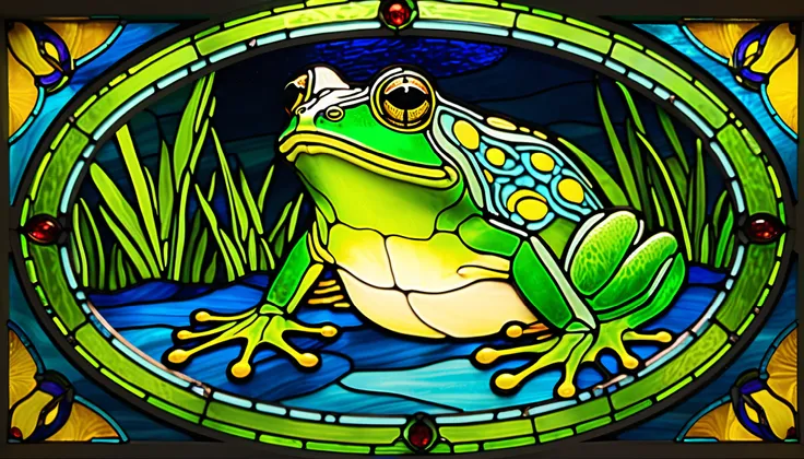a close up of a Stained Glass window with a Frog on it, Stained Glass style, Stained Glass art, Stained Glass!!, Stained Glass, Frog themed, Stained Glass, psychedelic Frog, inspired by Pascal Blanchet, green Stained Glass, Stained Glass tarot style, Insp...