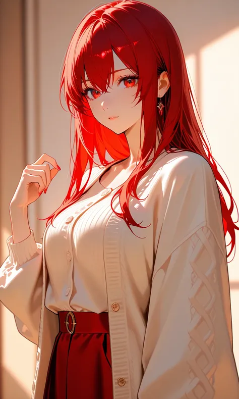 1 woman, , with beautiful long hair, red hair, red eyes, wearing a light red casual holiday outfit.