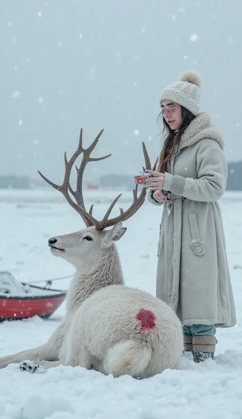 A white deer is lying on the snow, surrounded by an icy, snow-covered landscape. A red wound is visible on its back. A beautiful woman is standing beside the deer, holding a medical box. In the background, a red boat is stationary. The image should look re...