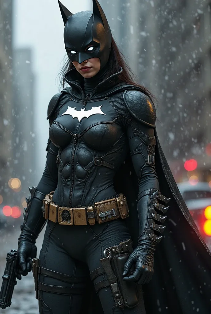 Une femme batman avec le logo noir sur la pointrine et la ceinture un appareil de camouflage des griffes argenté sur les gants comme catwoman des yeux blanc luminescent et un holster pour son pistolet a grapin sur la cuisse droite et un fouet moderne sur l...