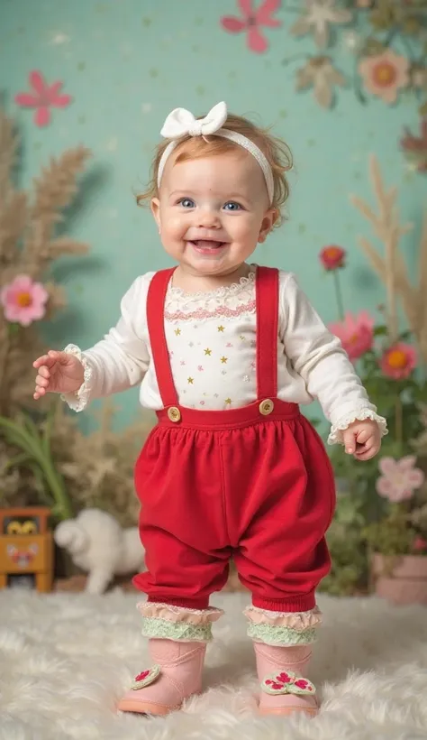  “Professional studio shot of an adorable 9 month old chubby girl with bright blue eyes  , Rosy Cheeks,  and soft  ,   standing happily against a garden-themed backdrop with toys , fluttering butterflies  ,    and a sparkle.   The baby is dressed in an irr...