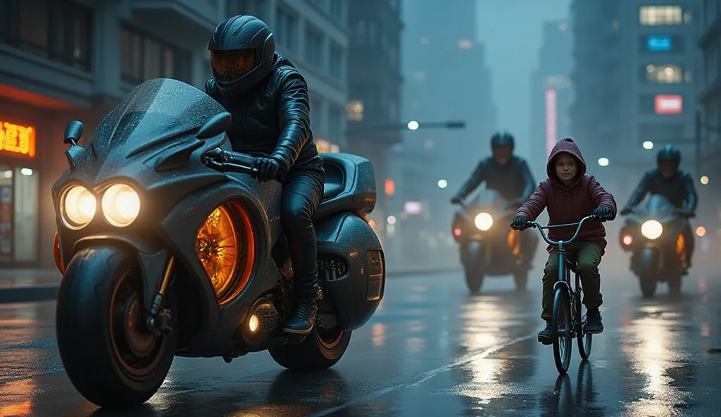 Several motorcyclists with levitating futuristic motorcycles, without wheels and curved shapes, to a boy of about , who rides a bicycle in front with his face covered with a hood,  at night, around the outskirts of a futuristic city, hyperdetailed real 8k ...