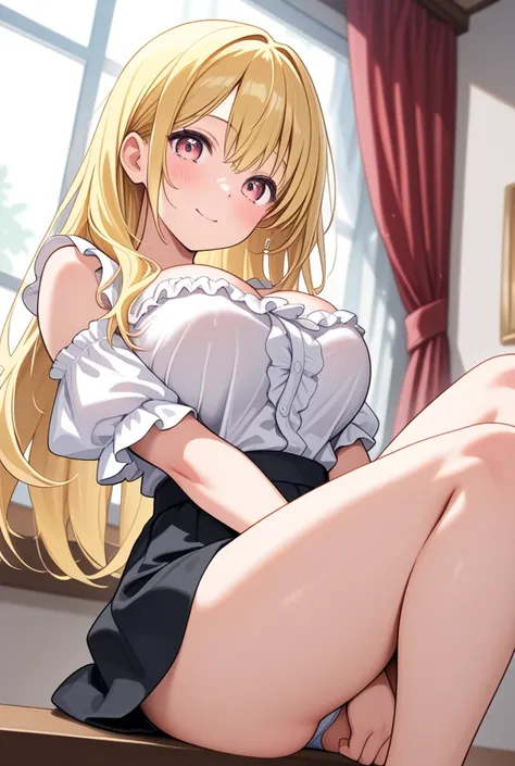 ((masterpiece))、Adult woman with yellow hair、 frill shirt 、miniskirt、 open both legs、stretch legs、show me my panties、V arms、Big Breasts、without your stomach sticking out、(((cute)))