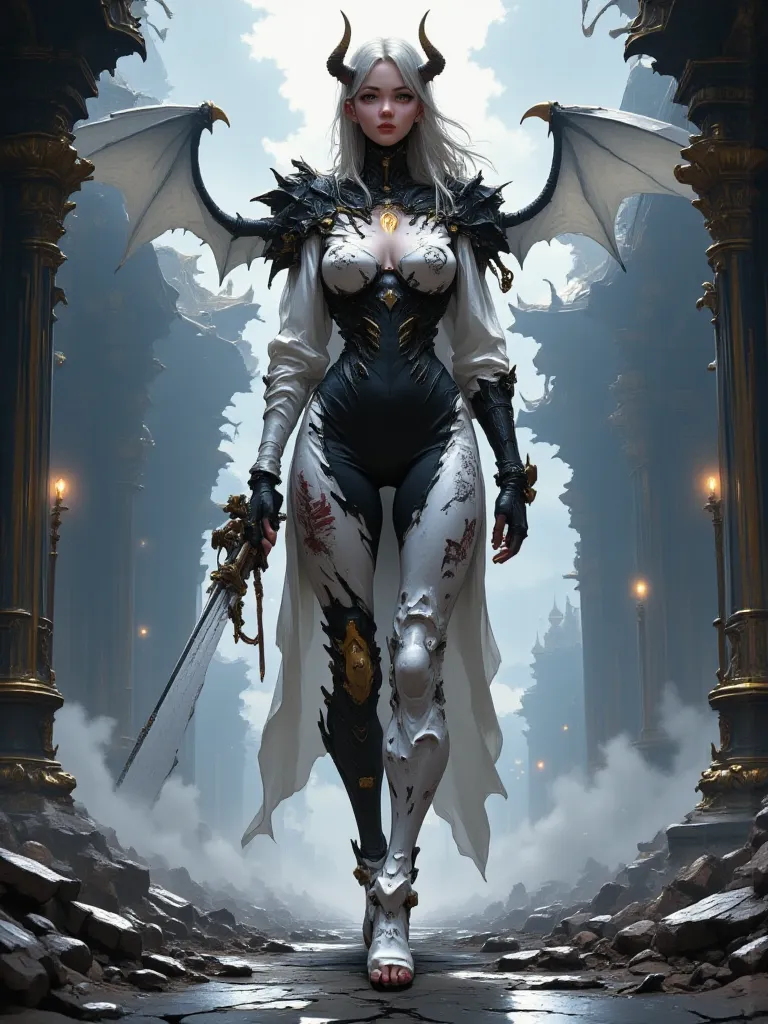 - "Russian" Adult Woman, Beautiful, tall, long legs, Long Devil Horns on her head are White, Long Hair.

Body full of tribal tattoos that are clearly visible.
(Facing the audience).

- Wearing a costume ("Full Sexy Armor"), a costume that embodies the "Dev...