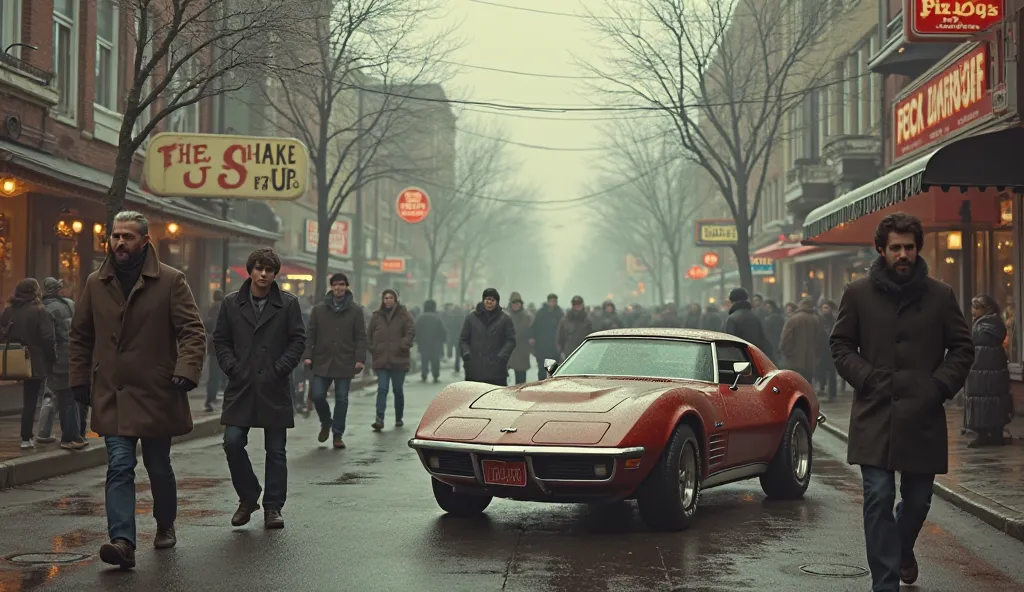 Street in the United States , Year 1970 . nostalgic rock and roll atmosphere. Cold morning, people on the street, a parked vintage sports car