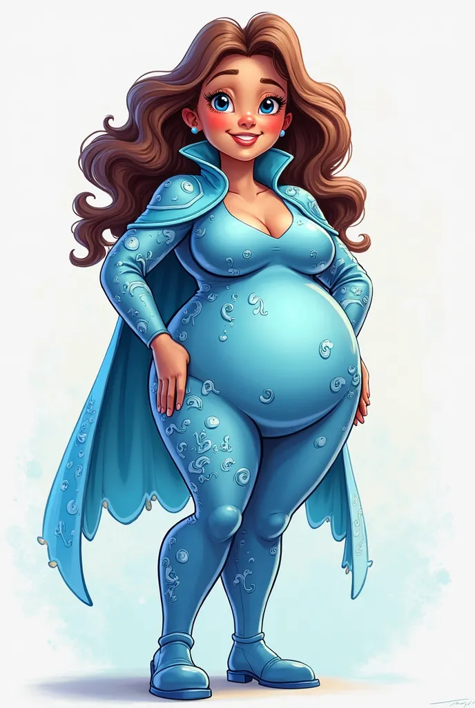 Create a tall 2d fat cartoon girl with blue bubble bodysuit and a blue cape with seawaves design blue boots and brown curly hair 