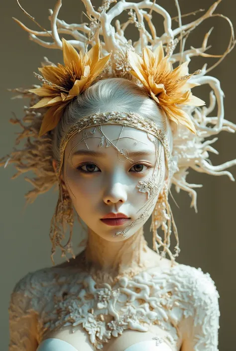 (Surface Focus, Clear facial features), Intricate 3D rendering of a beautiful and attractive biomechanical female porcelain figure, (((With porcelain finish))), simulation, Beautiful natural light, Rim Light, 150mm lens, an Aztec warrior, feature, earlobe ...