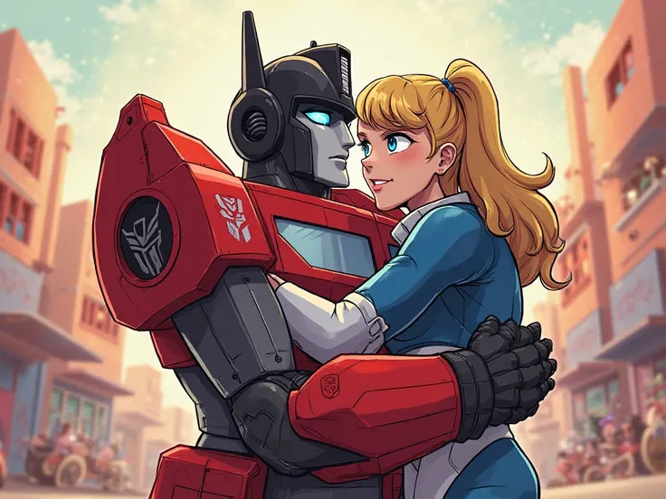 Create an artwork featuring transformers g1 Sideswipe male: red and black colorors and Strongarm blue with white hugging each other in cartoon style