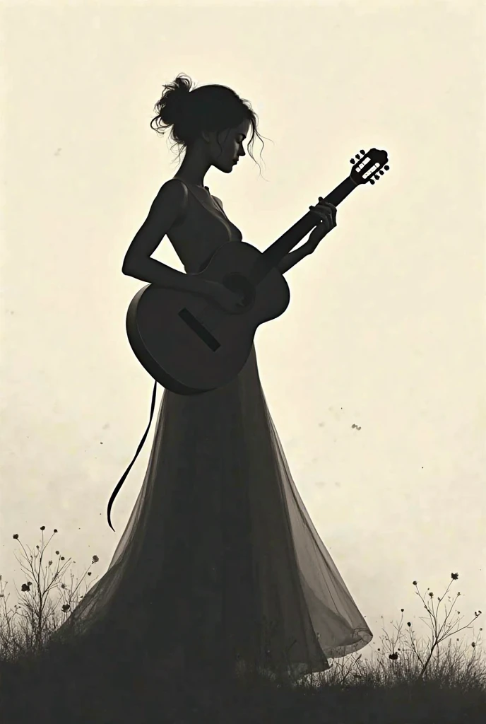 A silhouette of a woman playing minimalist half-length guitar for creative tattoo 