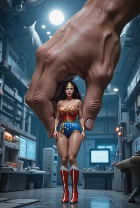A highly detailed, ultra-realistic 8K image of Wonder Woman, now shrunken to just 6 inches tall, standing defiantly as an enormous hand reaches down and grabs her. She wears her iconic red and gold armor, with the golden eagle emblem gleaming on her chest,...