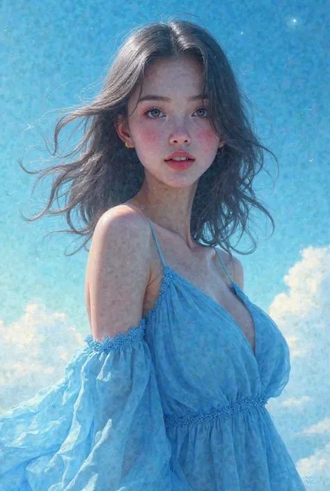 Hot beautiful girl in sky-blue clothes