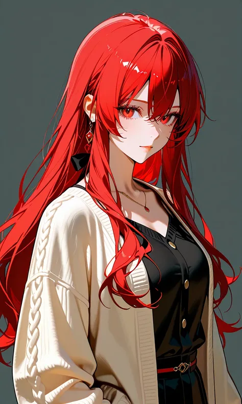 1 woman, , with beautiful long hair, red hair, red eyes, wearing a light red casual holiday outfit.