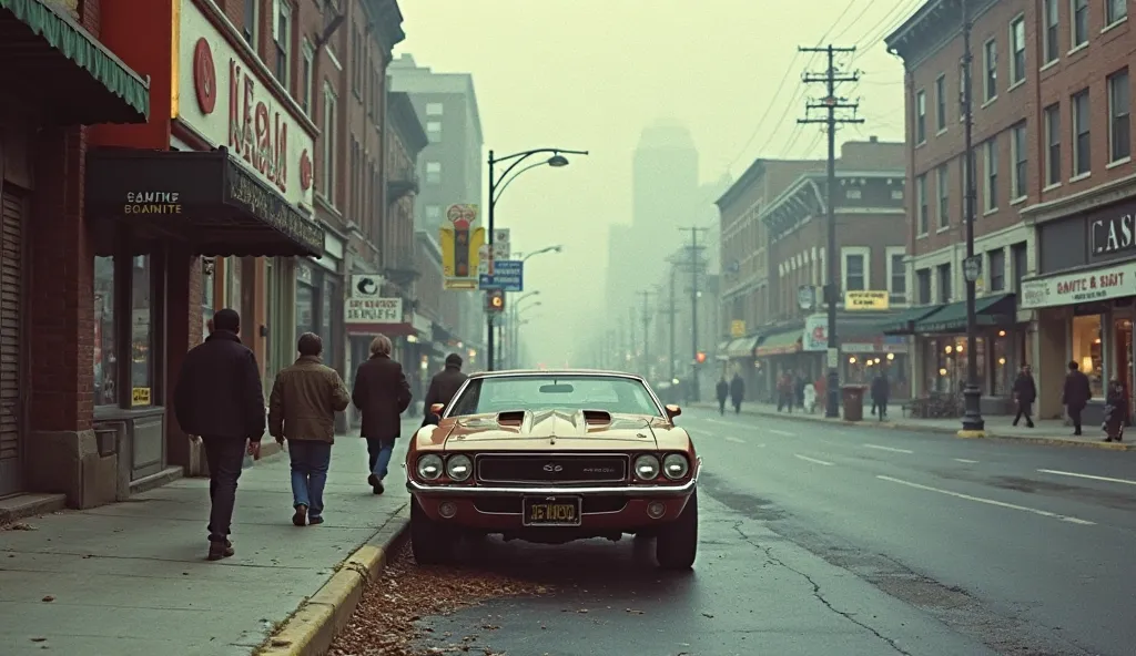 Street in the United States , Year 1970 . nostalgic rock and roll atmosphere. Cold morning, Few people on the street, a parked vintage sports car