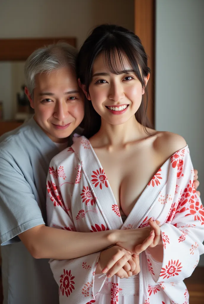 (Highest quality、4K、High Resolution)、A woman wearing a disheveled yukata、can see her breasts and underpants、An old man hugs a woman from behind、poor bust、Bed and Breakfast、Smiling at the camera、Ponytail、