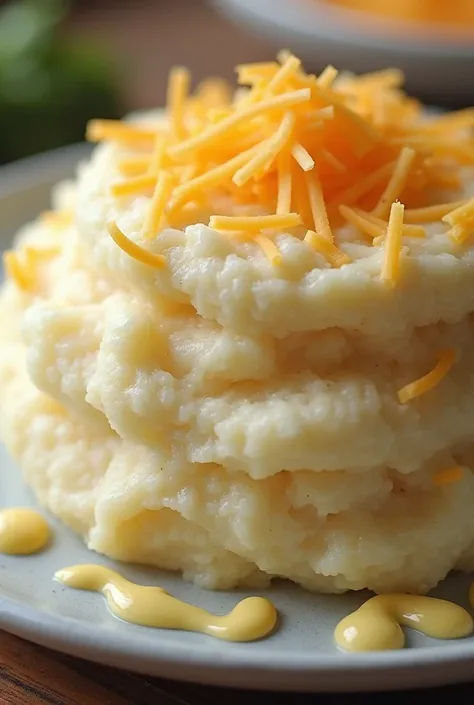 make a realistic steamed very mashed potato with dirty white creamy on top, as well as cheese grated perfectly in smallest form, and last is mayonnaise on top with a zigzag form